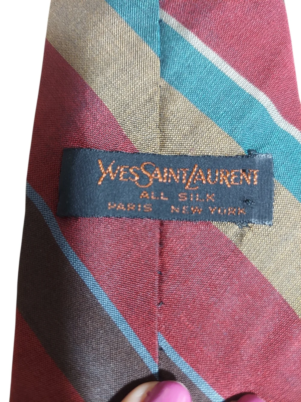 Vintage Yves Saint Laurent Silk Tie Burgundy Teal Gold Stripe Designer Necktie